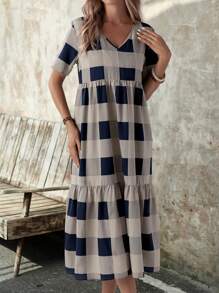 EMERY ROSE 夏季休闲格子印花短袖连衣裙 - 彩色 - 查看 3