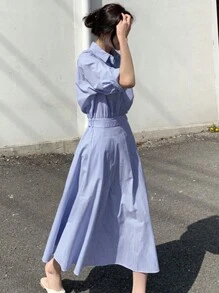 DAZY 女士条纹衬衫裙、秋季连衣裙、长袖连衣裙