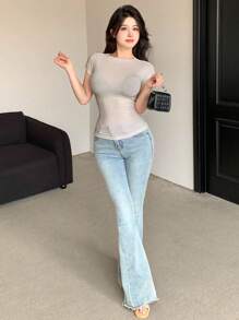 DAZY Women Fashion Solid Color Short Sleeve See-Through T-Shirt - Apricot - View 4