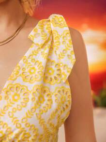GENKIRA Vacation Leisure Spaghetti Straps V-Neck A-Line Patchwork Ruffle Hem Women Dress - Yellow - View 4