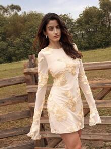 Anewsta 3D Embroidery Decoration Long Sleeve Open Back Sexy Women Dress - Beige - View 5
