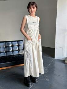 FRIFUL Solid Color Patchwork Pocket Strap Dress - White - View 15