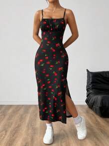 SHEIN EZwear Cherry Print Split Thigh Cami Maxi Summer Dress