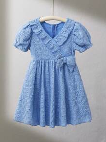 SHEIN Baby Girl Chic Vintage Embroideried Fabric V-Neck Dress With Ruffle Hem & Bowknot Decor For Spring/Summer - Blue - View 1
