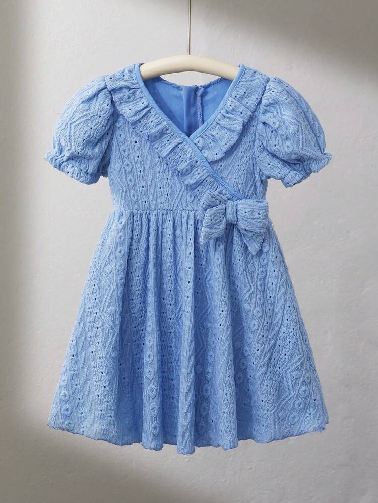Baby Girl Chic Vintage Embroideried Fabric V-Neck Dress With Ruffle Hem & Bowknot Decor For Spring/Summer