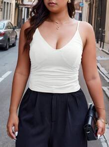 Calvaya Plus Size Solid Color Pleated Summer Camisole With Spaghetti Straps - White - View 1