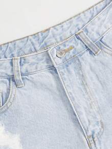 SHEIN EZwear Quần short denim thường ngày có viền sờn cho nữ cho mùa xuân hè - Rửa nhẹ - Xem 5