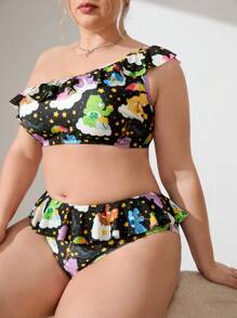SHEIN X Care Bears Plus Size Cute Cartoon Bear Print One Shoulder Ruffle Trim Bikini Set For Summer Beach Vacation - Multicolor - View 3