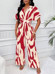 VaVaBold Women Fashion Color-Block Printed Short Sleeve Jumpsuit (Random Print)