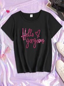 SHEIN Tween Girls' Round Neck Short Sleeve T-Shirt With Letter Print For Summer