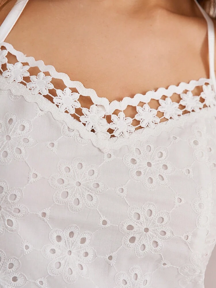 Women Lace Patchwork Hollow Out Embroidery Tie Back Crop Top
