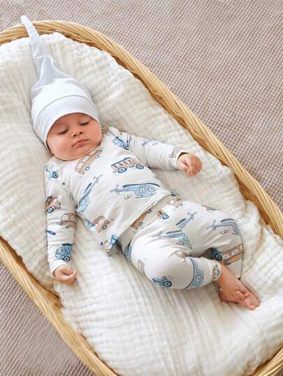 Cozy Pixies Newborn Baby Boy Car Print PJ Set