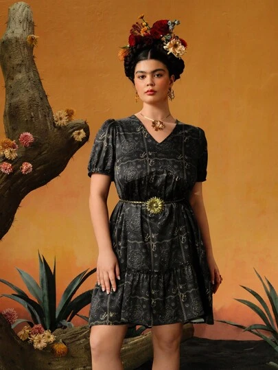 Frida Kahlo X SHEIN 夏季加大尺碼印花V領泡泡袖束腰連衣裙