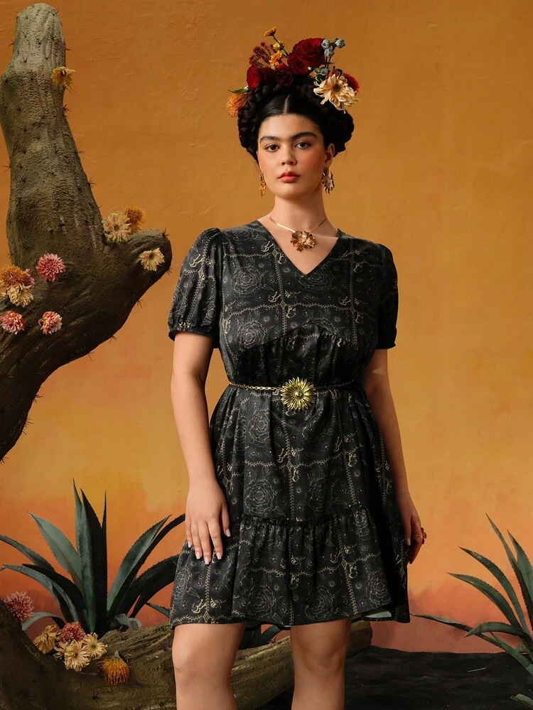 Plus Size Allover Printed V-Neck Bubble Sleeve Cinched Waist Dress For Summer