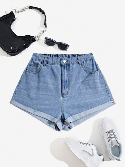 SHEIN ICON Plus Size Plain Casual Denim Shorts For Daily Wear For Summer