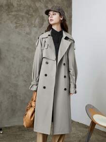Spring/Autumn Casual Solid Color Double-Breasted Long Trench Coat Jacket