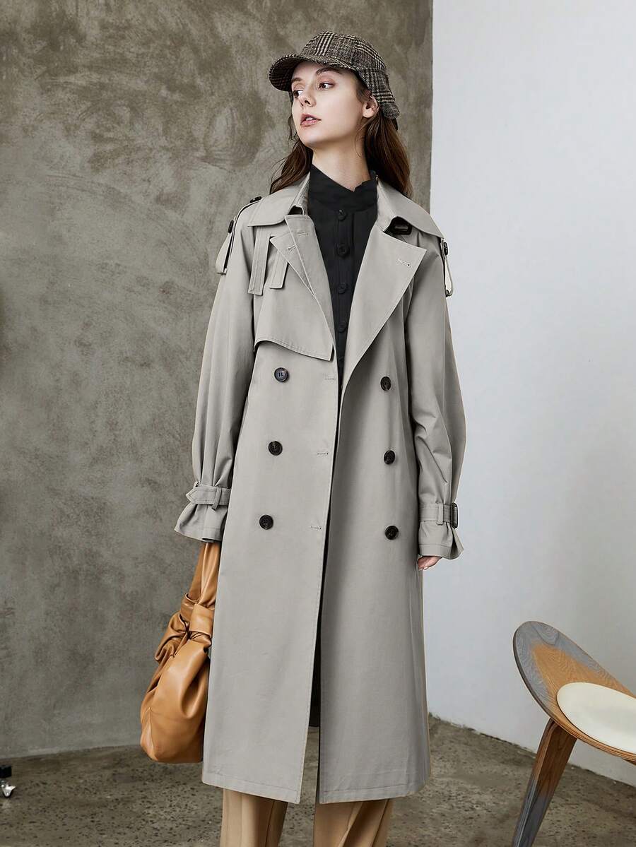 Spring/Autumn Casual Solid Color Double-Breasted Long Trench Coat Jacket