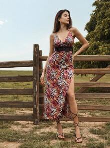 Anewsta Gradient Color Animal Print Lace Splicing Criss-Cross Open Back Sexy Vacation Style Dress For Women - Multicolor - View 1