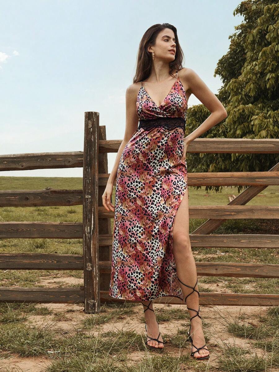 Anewsta Gradient Color Animal Print Lace Splicing Criss-Cross Open Back Sexy Vacation Style Dress For Women - Multicolor - View 1