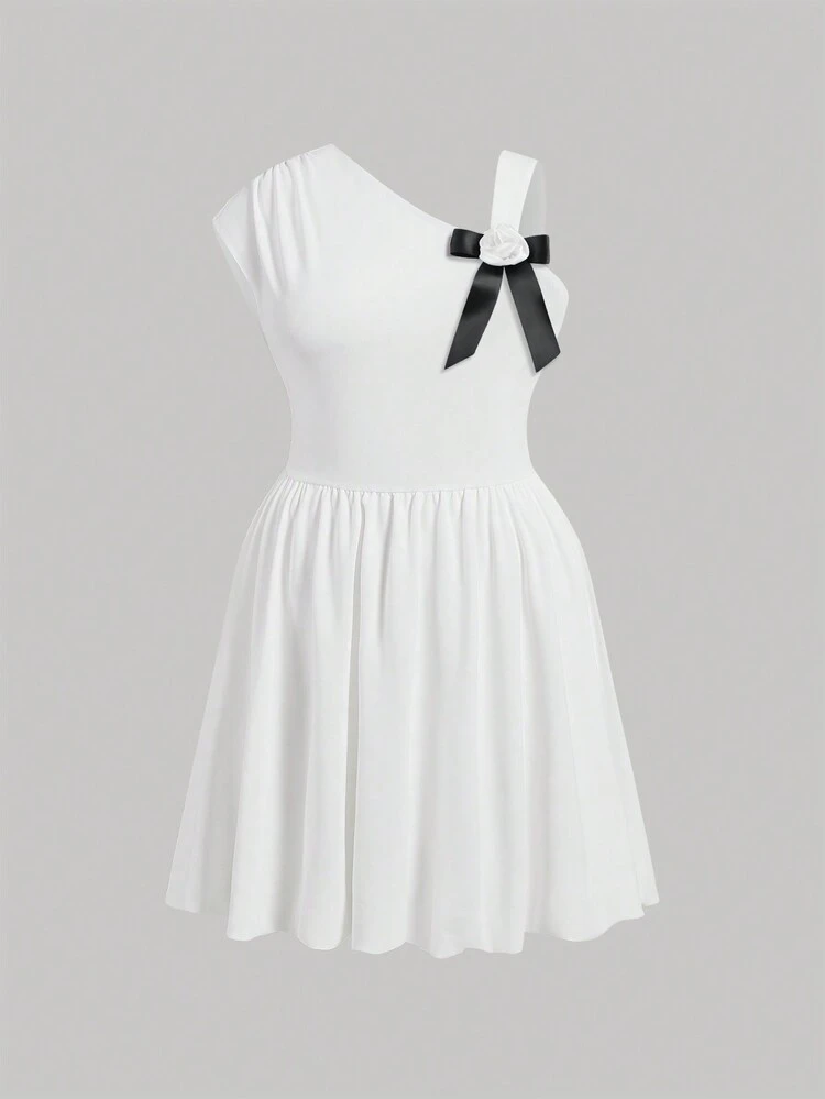 Plus Size Summer  White Cute Elegant Dress With 3D Flower, Bow Decorations And Asymmetric Neckline