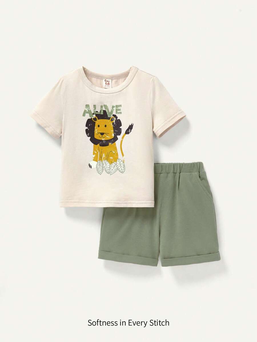 Cozy Pixies Conjunto De Manga Corta Para Bebé Niño Con Patrón De León Dibujos Animados, Con Cuello Redondo Y Pantalón Corto Casual