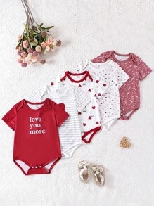 SHEIN Playful Pals 女婴5件套短袖趣味印花连体衣套装，适合日常休闲穿着，春夏款