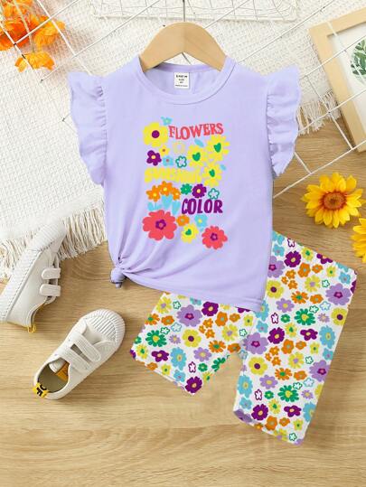 SHEIN Young Girl Cap Sleeve Round Neck Floral Print Top + Cycling Shorts Summer Casual Outfit