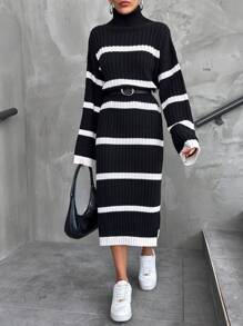 EURMUSE 女士法式黑白條紋縱領針織連衣裙