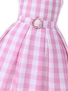 青少年女孩格纹结肩吊带连衣裙，带领结，度假，夏季，旅行 - 粉色 - 查看 3
