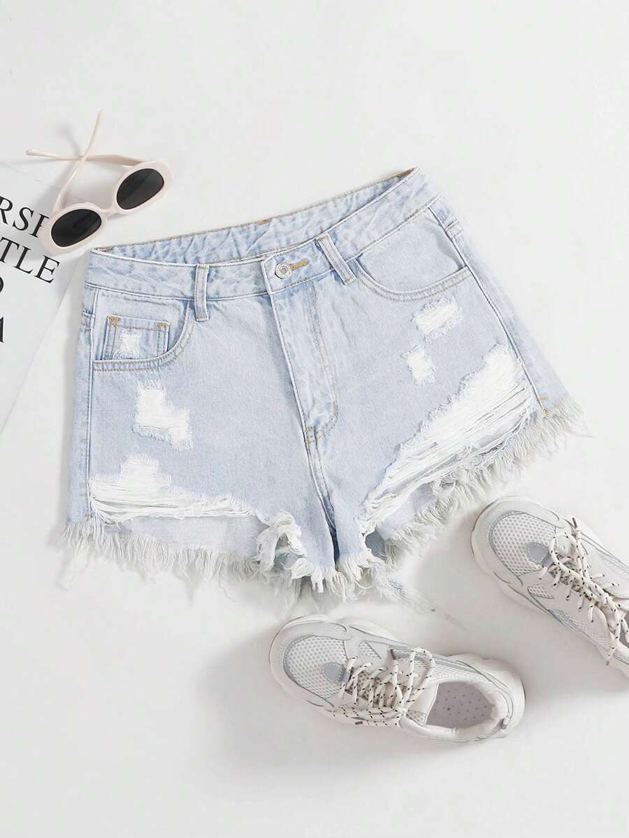 SHEIN EZwear Quần short denim thường ngày có viền sờn cho nữ cho mùa xuân hè - Rửa nhẹ - Xem 1