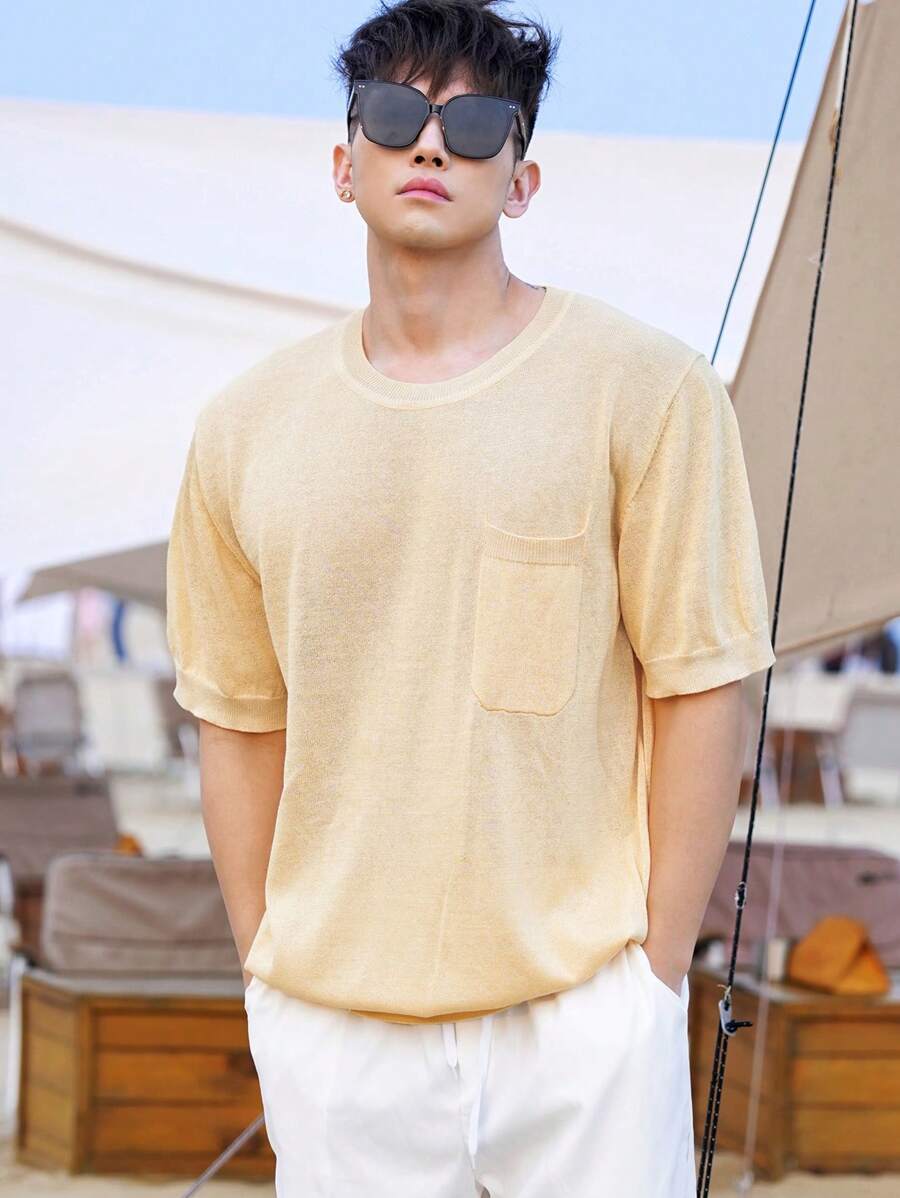 DAZY Men Plain Knitted Top For Summer Vacation - Yellow - View 1