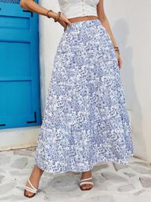 SHEIN VCAY Floral Print High Waisted Loose Women Midi Skirt, Perfect For Vacations - Blue and White - View 4