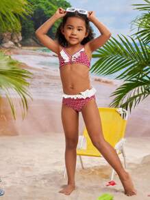 Set bikini alla moda con stampa a quadretti per giovani ragazze, con balze e pantaloncini separati, costume da bagno carino stampato per bambini per l estate e la spiaggia