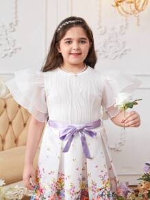 SHEIN 青少年女孩加大尺碼雙層荷葉邊紋理拼接純色圓領T卹