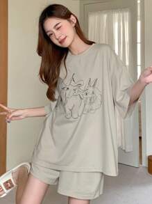 DAZY Cute Rabbit Printed Loose Fit Short Sleeve T-Shirt And Shorts Sleepwear Set For Summer Pajama - Khaki - View 3