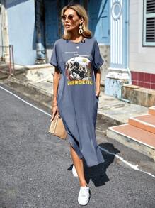 SHEIN LUNE Áo thun nữ in hình cánh dơi mùa hè có in khẩu hiệu - Màu xanh bụi bặm - Xem 6