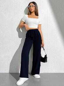 SHEIN PETITE Pantalones anchos largos para mujeres, en unicolor, cintura alta con cinturón para un estilo suelto - Azul Marino - Ver 6