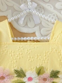 SHEIN Glamorique Kids Baby Girl Summer Square Neck Short Puff Sleeve Mesh Princess Dress, Vacation Dress - Yellow - View 5