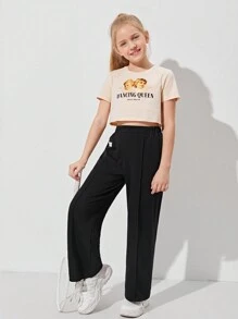 SHEIN Tween Girl Patch Detail Wide Leg Pants