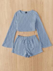 Soleia Conjunto informal de 2 piezas para mujer para vacaciones, top de manga corta con dobladillo acampanado y pantalones cortos con cinturón en la cintura