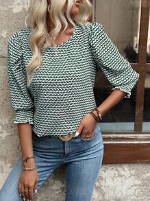 EMERY ROSE Printed Round Neck Casual Shirt,Three Quarter Sleeve Tops - Green - View 3