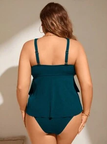 Swim Lushoire Plus Size Summer Beach Solid Layered Hem Tankini Set For Pool Vacation - Teal Blue - View 2