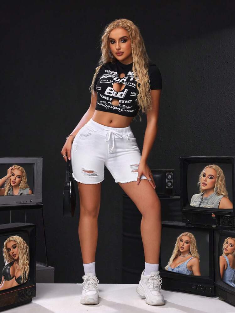 SHEIN Tall Shorts jeans femininos simples e elegantes, adequados para o verão - Branco - Ver 6