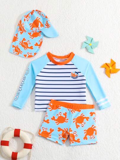 Roupa de banho para bebê menino com top estampado e bottom estampado aleatório + touca de natação