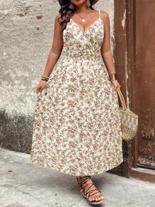 Breezaya 大尺碼女性夏季假日小花卉雕花露背長裙，高腰設計，非常適合沙灘 - 杏色 - 查看 1