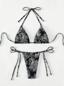 SHEIN Swim Women Printed Halter Neck Bikini Set With Triangle Bra And Tie Side Bottom, Perfect For Holiday, Random Print,Summer Beach