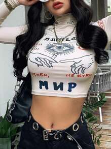 INAWLY Áo croptop ngắn tay dài dáng ôm in hình mắt và chữ cái cho nữ, thích hợp mặc mùa hè, áo thun in họa tiết cho nữ, thích hợp cho mùa xuân và mùa thu. - trắng - Xem 3