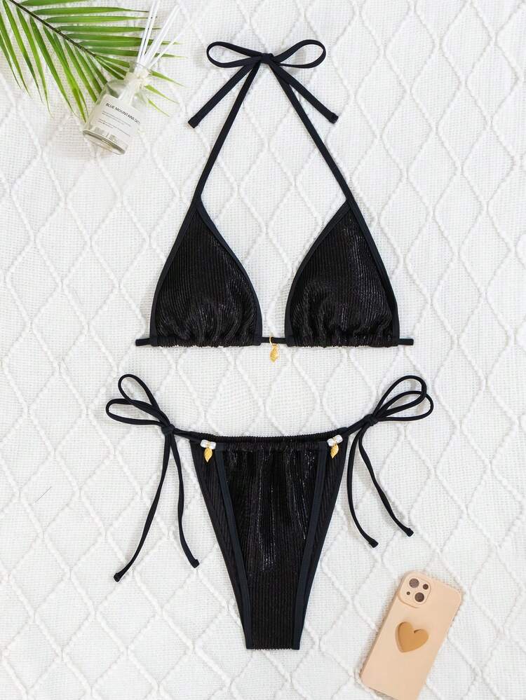 Solid Texture Bikini Set For Vacation, Beach And Pool Summer