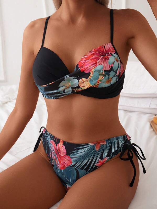 Swim Lushoire Summer Cross Wrap Push Up Bikini Set With Spaghetti Straps, Underwire, Floral Print Top, And Side Tie Bottom, Suitable For Beach Swimming Pool