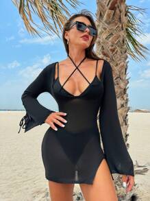 SHEIN Swim Women Solid Color Perspective Sheer Shirt Dress With Long Sleeves,Summer Beach - Black - View 3
